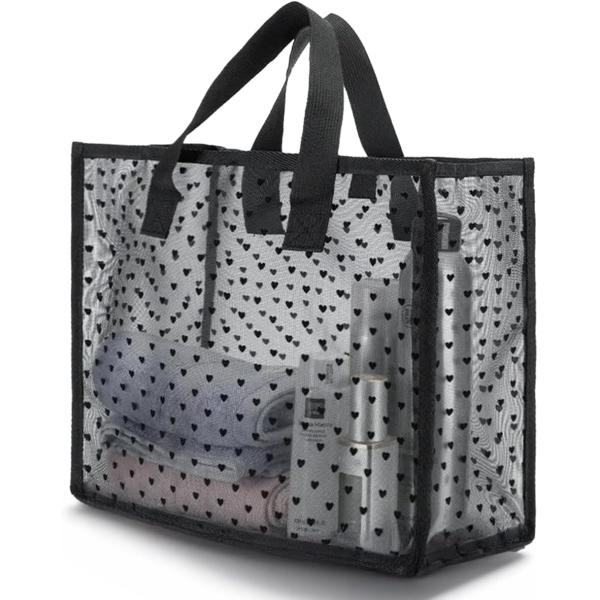 ・中身が見えるメッシュ素材で、収納物がひと目で確認できるトートバッグ・可愛らしいハート柄デザインで、シンプルながらも立体感のある仕上がり・サイズ：横約35cm x 高さ約28cm x マチ約15cm幅広ハンドル採用で、手や肩に食い込みにくく...
