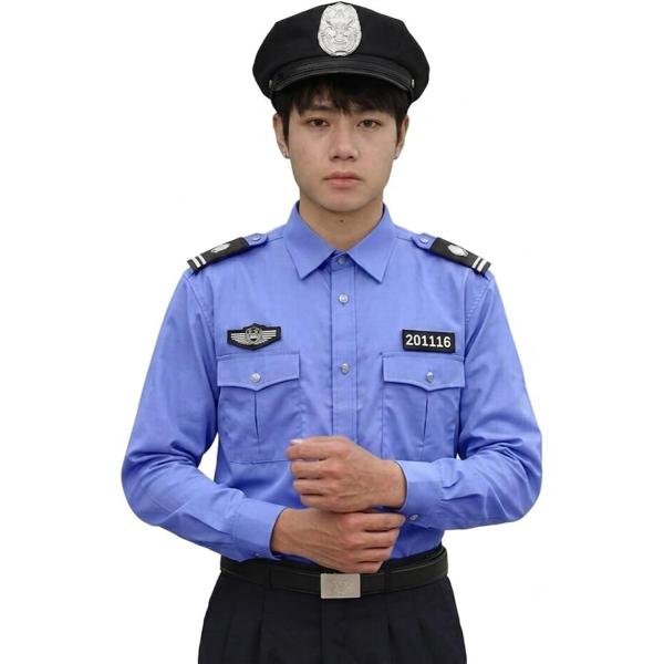 本格 ポリス コスプレ 2点セット帽子 + 長袖シャツ 警察官 警官 警備員 制服 メンズ 舞台 演劇 衣装 (ブルー,  175/XL)