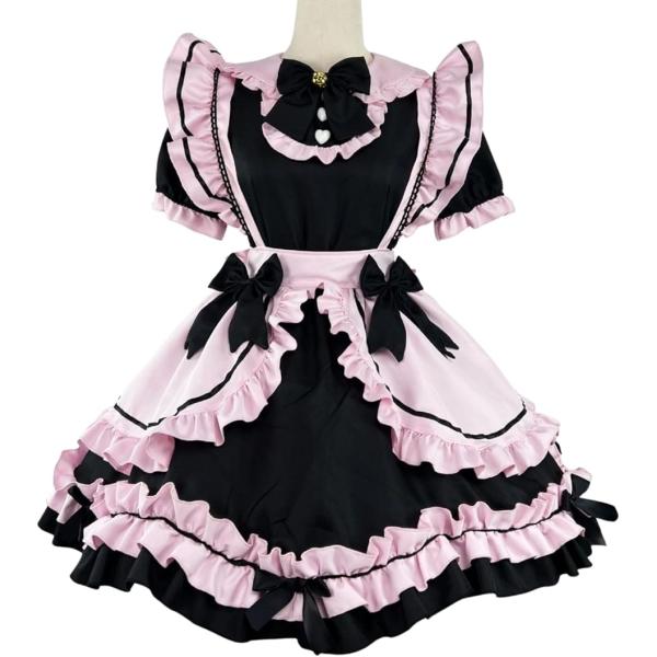 メイド服 ウェイトレス コスプレ ゴスロリ 半袖 可愛い ピンク ブラック ハロウィン 仮装 (ブラック/ピンク, L)