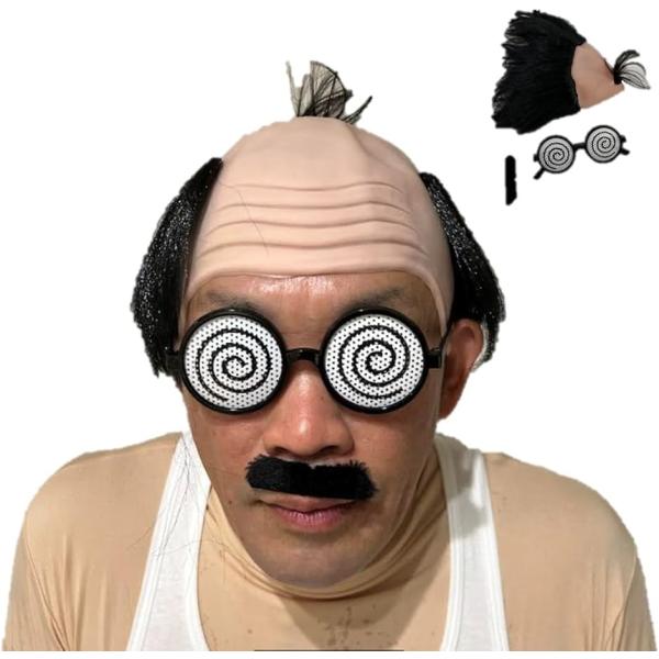 バリエーションコード : 2BU5J6YPFQハゲ カツラ グルグル 眼鏡 爆笑 コスプレ 仮装 コント お笑い モノマネ 昭和 親父 懐かし ギャグ ハロウィーン グッズ コスチューム 小物選べる２タイプ」ハゲちょびカツラ＋グルグル眼鏡＋...