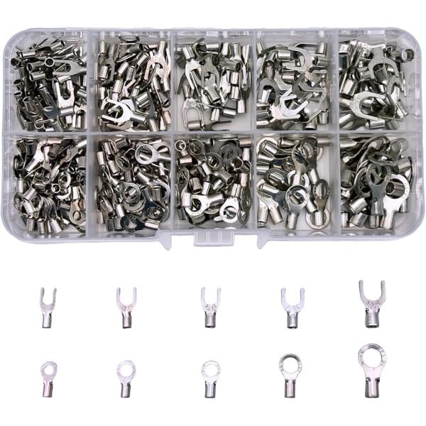 パッケージ内容：320個入れ端子セット 丸型端子5サイズ、U形端子5サイズ、カラー：シルバー、 素材：銅、表面素材：錫メッキ 端子仕様詳細：RNB1.25-3.2x50個、RNB1.25-4x40個、RNB2-4x30個、RNB2-5x20...