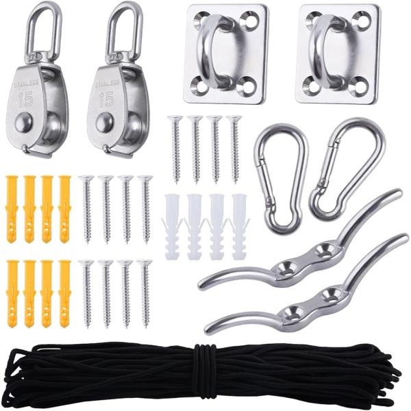 プーリーシステムキット:製品は、2つのプーリーセット、ナイロンロープ、便利なフック、アイパッドプレート、および2つのロープクリートを備えた、お客様のニーズに対応する包括的なソリューションを提供します。必要なものはすべて1つのパッケージに含ま...