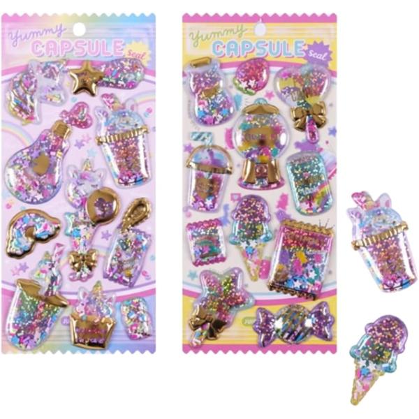 ぷくっと立体化しているカプセルの中にフレークが入っているので振るとシャカシャカと音が出ます。手帳やノート等に貼るとシールがぷくぷくとしていてとても可愛くデコレーションができるので子供や女性に大変人気があります。お子様の「ご褒美シール」として...