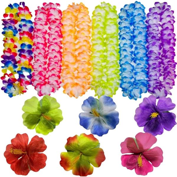 バリエーションコード : 2BULPRS12L南国ムード満点のハワイアンレイセット：カラフルな6色（パープル・ブルー・黄緑・オレンジ・ピンク・ミックス）の花輪（レイ）12本と、ハイビスカスの花6色（パープル・ブルー・黄緑・赤・ピンク・ミック...
