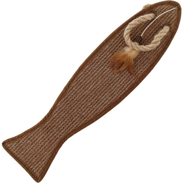 「かわいい魚型デザイン」 ユニークな魚の形をした猫用爪とぎです。お部屋に置いてもインテリアになじむデザインで、見た目にも楽しいアイテムです。「爪とぎ＋おもちゃで遊び心を刺激」 上部には丈夫なロープと羽根のおもちゃ付き。爪とぎだけでなく、遊び...