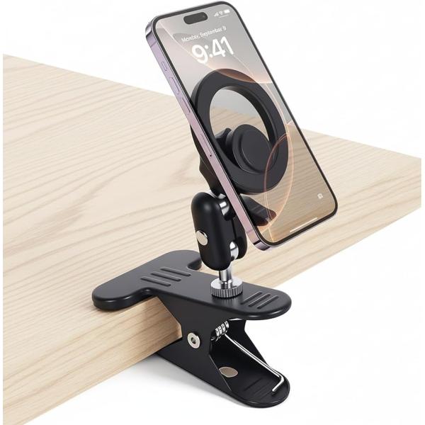スマホスタンド クリップ式 マグネットスマホホルダー MagSafe対応 多機能 マグセーフ 三関節360°自由調整 卓上用 (ブラック)