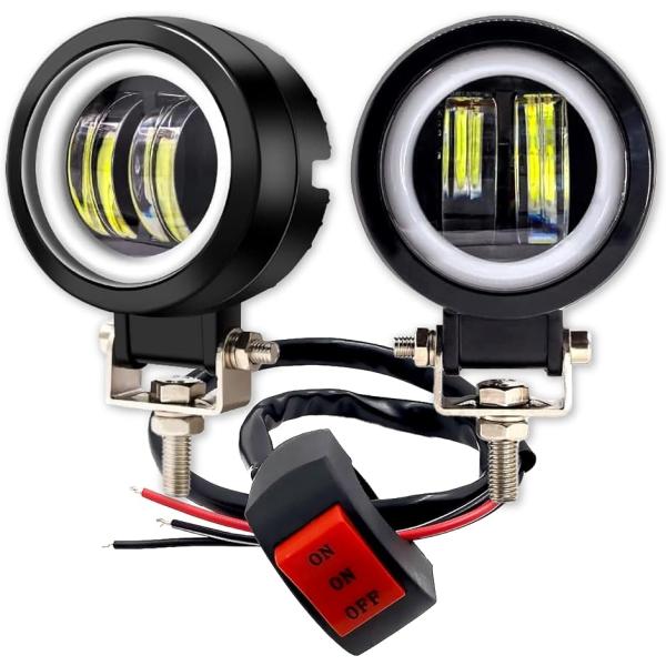 フォグランプ バイク LED 汎用 イカリング 20W 丸型 防水 IP65 12V/24V 2個 (ブラック,  本体2個+スイッチ)