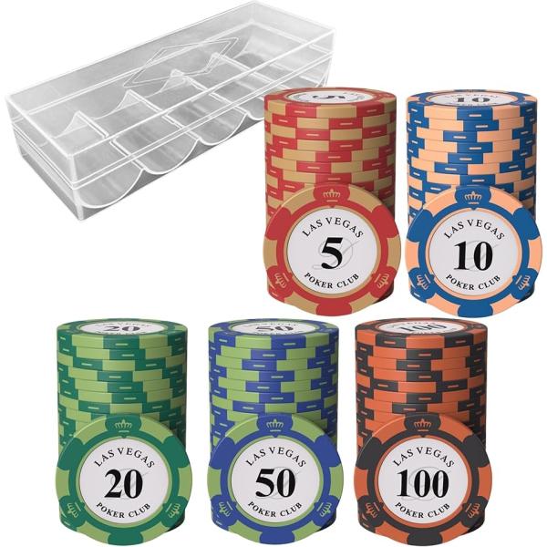 ポーカーチップ カジノチップ クレイ製 100枚 セット メタルインサート入り (面値「5〜100」５種セット, 直径 約40mm)