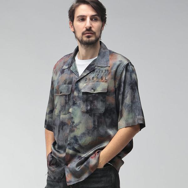 ディーゼル メンズ シャツ 半袖 DIESEL ロゴ カモフラージュ タイダイ柄 ポケット オープンカラー シャツ DSA218800DMBN ブランド トップス 迷彩