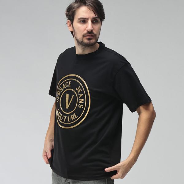 ヴェルサーチェ ジーンズ クチュール メンズ Tシャツ 半袖 VERSACE JEANS COUTURE Vエンブレム プリント クルーネック カットソー VC80GAHT02 ブランド