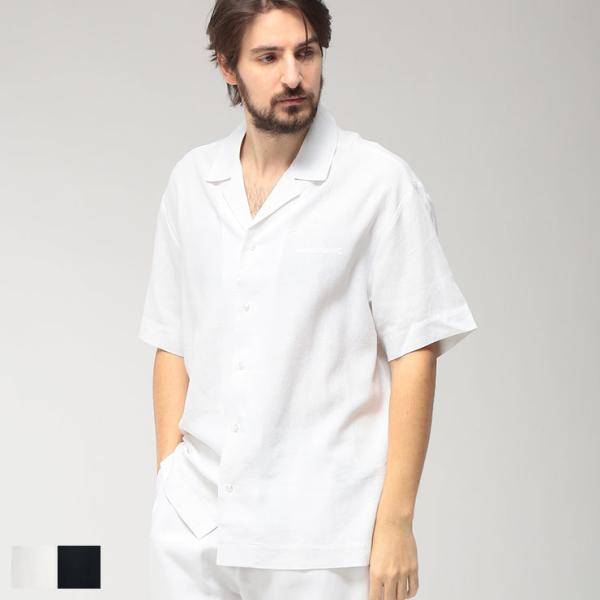 エンポリオアルマーニ EMPORIO ARMANI メンズ シャツ 半袖 麻混 ワンポイント 開襟シャツ EASEM593AF20590 ブランド トップス オープンカラー リネン