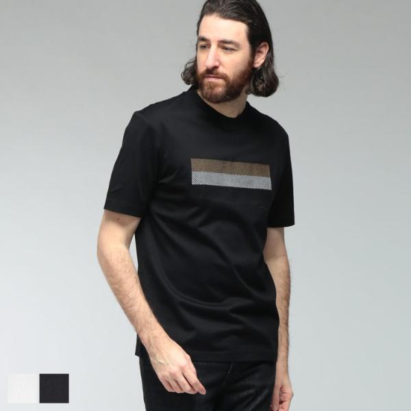 ヒューゴボス メンズ Tシャツ 半袖 HUGO BOSS ロゴ フロントデザイン クルーネック カットソー HB50556354 ブランド トップス ホワイト ブラック