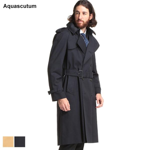 Aquascutum コットン 裏地チェック トレンチ ステンカラーコート 黒 Aquascutum (アクアスキュータム) 総裏チェック ウエストベルト