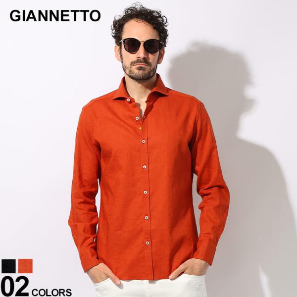 美品 GIANNETTO ジャンネット 長袖 シャツ ステンカラー ノーカラー GIANNETTO (ジャンネット) リネン スリムフィット 無地 カッタ