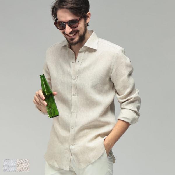 ジャンネット メンズ シャツ 長袖 GIANNETTO リネン100％ 無地 ワン