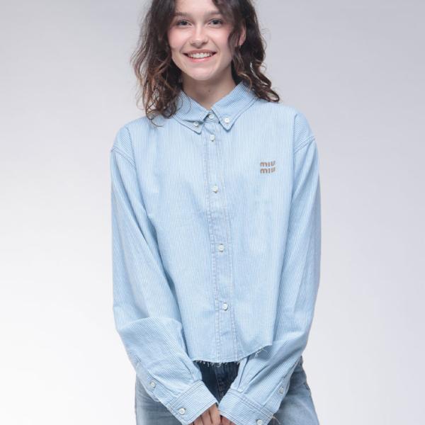 Miu Miu ストライプ クロップドTシャツ miu ミュウミュウ MIU ロゴ刺繍 ストライプ 長袖 クロップドシャツ