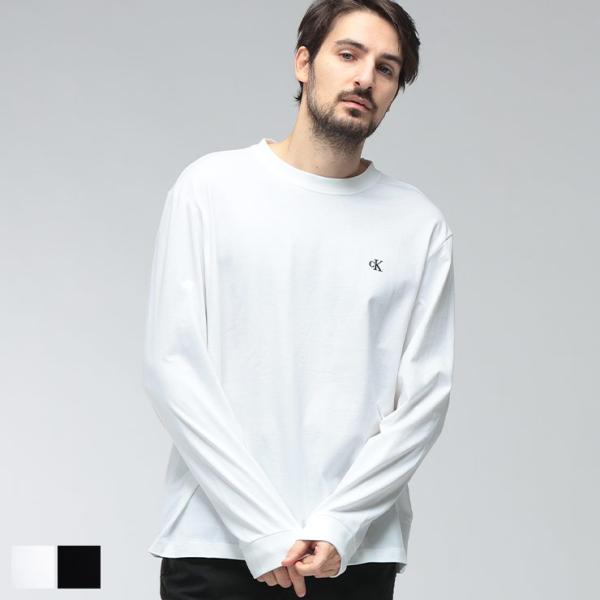 カルバンクライン メンズ Tシャツ 長袖 Calvin Klein ロゴ 刺繍 クルーネック コットン Tシャツ CKLV04RD247G ブランド トップス ホワイト ブラック