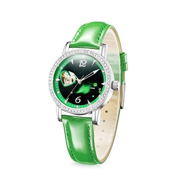 Time100 星座 腕時計 レディース 夜光ハート型インデックス 機械式腕時計 自動巻き 十二星座盤#W80050L.01A (牡羊座)
