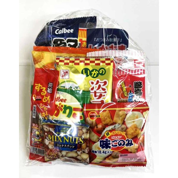 【商品内容】ぼんち揚小袋、堅あげポテトうすしお味小袋、じゃがりこbitsサラダ14ｇ、味ごのみ小袋、いかさまミックス8ｇ、するめソーメン、姿フライマヨネーズ味1枚、前田のクラッカー小袋、ミックスナッツ小袋、餅太郎6ｇ、するめジャーキー１枚、...