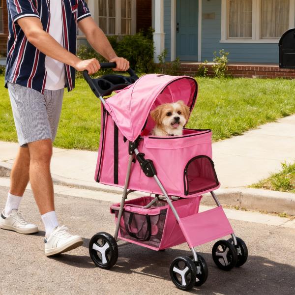 【セール】新色　ピンク　ペットカート　折りたたみ 防水 ４輪　収納カゴ付き　耐荷重15kg　便利　犬用ベビーカー 猫用ベビカー　小型犬　ペット用品 安定感