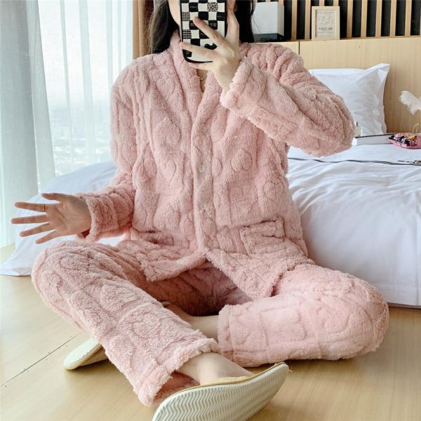 マタニティ授乳口付きパジャマ冬モコモコハート前開きシンプル長袖