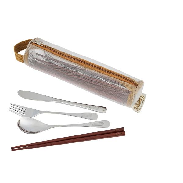 【商品概要】【使用シーン】キャンプやバーベキュー、ピクニック、ご家庭などで活躍します。　【商品概要】ステンレス製のナイフ、フォーク、スプーンと木製の箸がそれぞれ４セットづつ入ったカトラリーセットになります。【乾燥に便利】メッシュ式の収納ケー...