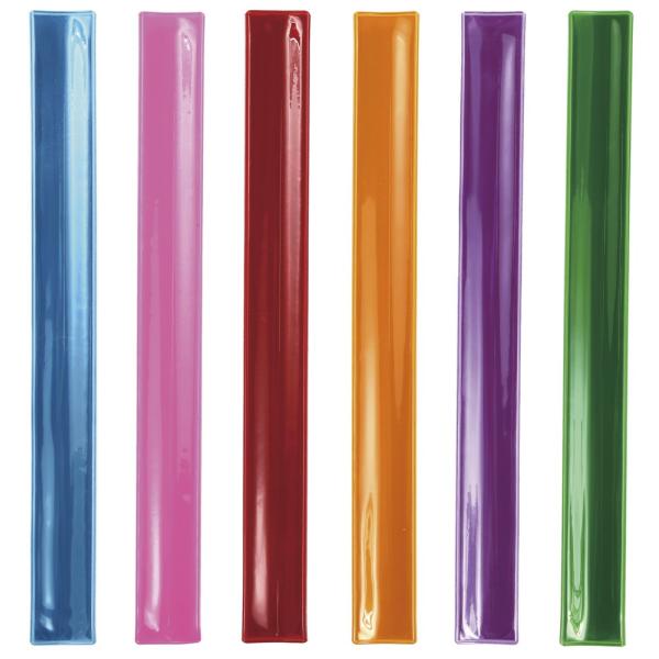 カラフルな6色！！裏面は綺麗な白の起毛で肌触り抜群です。片手で簡単装着ワンタッチ！青・ピンク・赤・オレンジ・紫・緑 ■サイズ：30ｍｍ×300ｍｍ■素　材：表面プリズム反射材 裏面ＰＶＣフロッキング ■包　装：ＯＰＰ袋入り １本※代引きの場...