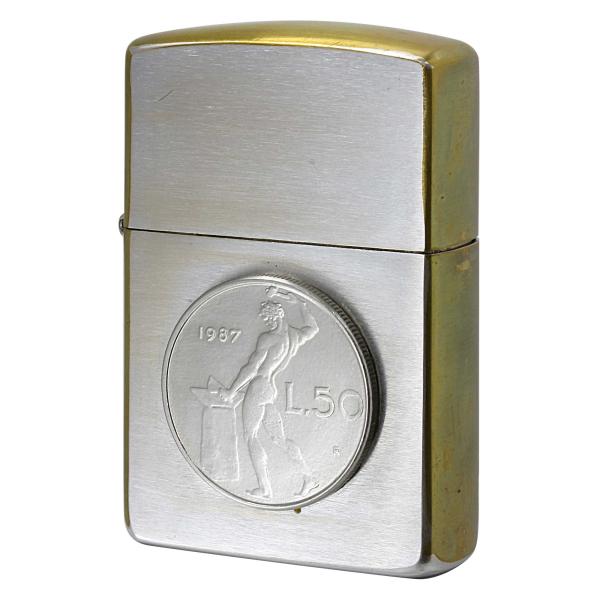 絶版/ヴィンテージ Zippo ジッポー 中古 1996年製造1987年 L.50コイン リラコイン 貼り [B]使用感ありやや傷汚れあり