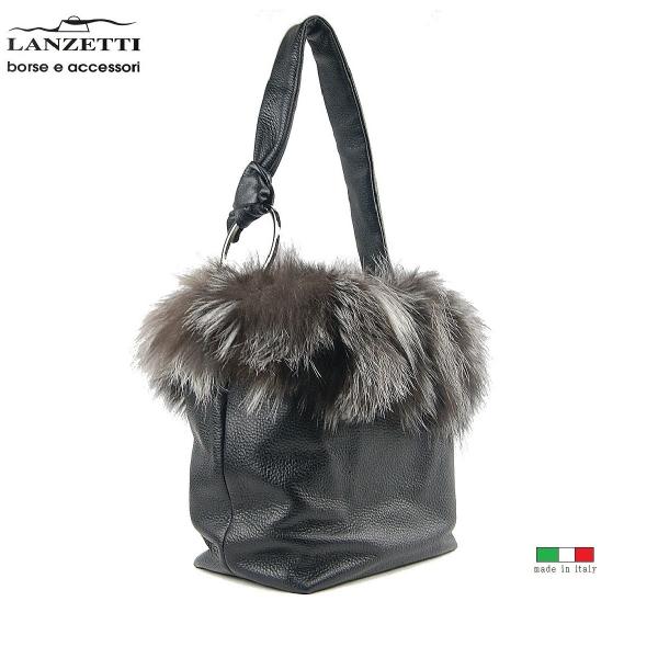 イタリア製 フォックスファー付き 本革 ワンショルダー ハンドバッグ