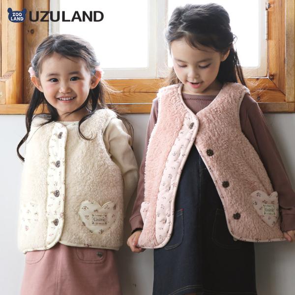 ガールズ フリースベスト 中綿入り マイクロファイバー 長袖 女の子 キッズ ベビー ( 80-130cm )【 UZULAND ウズランド 】 保温 防寒 中わた ボア アウター ブルゾン 羽織り レイヤード 重ね着 ピンク アイボリー ...