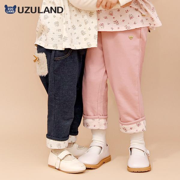 ガールズ 7分丈パンツ ニットデニム 女の子 キッズ ボトムス UZULAND ウズランド 子供服 ベビー 折り曲げ 小花 花柄 ポケット 可愛い ズボン 裏毛