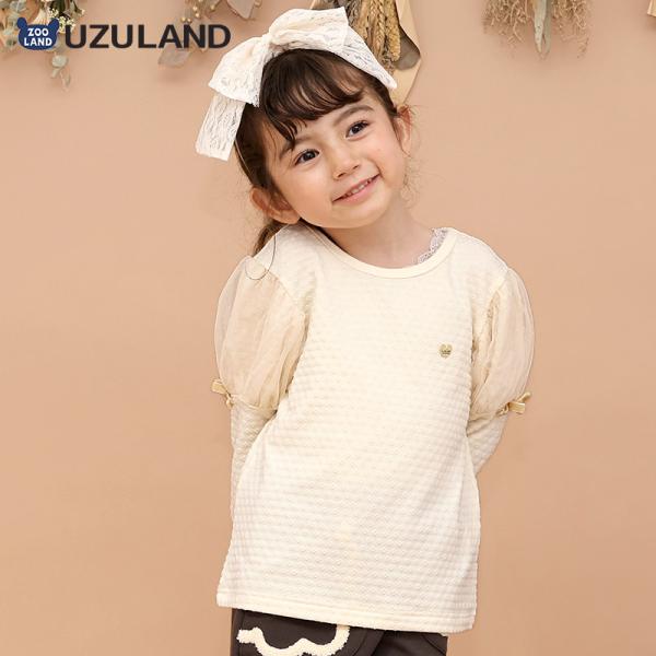 ガールズ ロンT 長袖 Tシャツ 肩シフォン ジャカード 子供服 女の子 キッズ ベビー ガーリー UZULAND ウズランド トップス 可愛い デザイン リボン