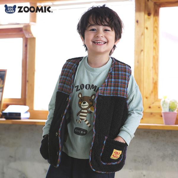 キッズ 中綿ベスト フリース マイクロファイバー チェック 切替 腰ポケット 男の子 女の子 (80-130cm)【 ZOOMIC ズーミック 】 中わた 保温 羽織り ジャケット フロントボタン 重ね着 レイヤード ベビー 動物 アニマル...