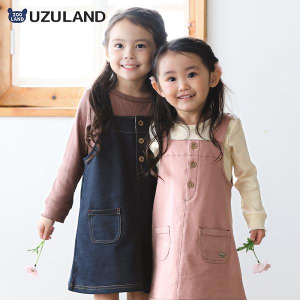 ガールズ サロペット ジャンパースカート ニットデニム 女の子 ガールズ キッズ ベビー ( 80-130cm )【 UZULAND ウズランド 】 オールインワン ワンピース フロントボタン フロントポケット ピンク ネイビー インディゴ...