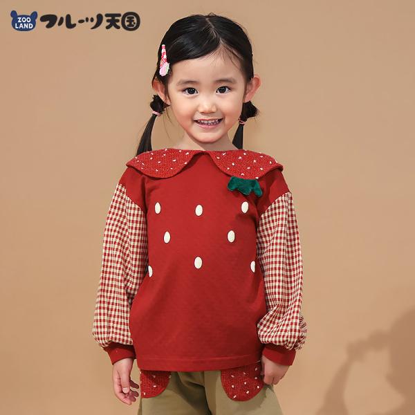 ガールズ イチゴ 襟付き ロンT Tシャツ 長袖 袖チェック 女の子 子供服 キッズ ベビー トップス フルーツ天国 苺 いちご かわいい リブ 切替 リンクコーデ