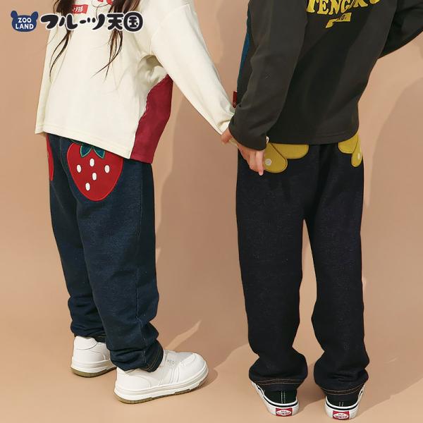 キッズ 10分丈パンツ ニットデニム パンツ アップリケ 男の子 女の子 起毛なし 【フルーツ天国】 ベビー ストレッチ ズボン デニムパンツ ボトムス 伸縮 伸びる ウエストゴム バナナ イチゴ 苺 いちご 男児 女児 80 90 95 ...