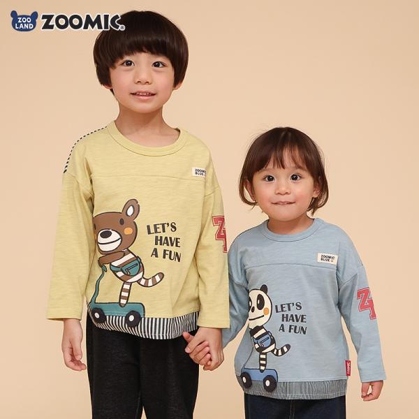 キッズ ロンT 長袖 Tシャツ ベビー服 トップス アニマル 動物 くま パンダ 男の子 女の子 ZOOMIC ズーミック ストライプデニム インディゴ 配色 切替