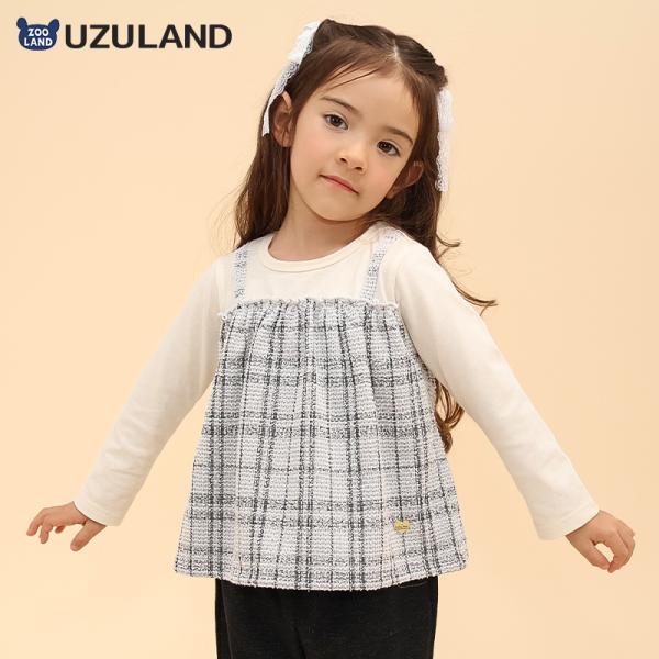 ロンT 長袖 Tシャツ 重ね着風 ツイード 女の子 ガールズ UZULAND ウズランド キッズ ベビー服 ジュニア プルオーバー トップス クルーネック ガーリー
