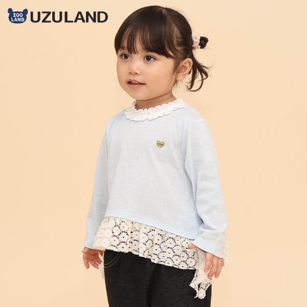 ロンT 長袖 Tシャツ 重ね着風 フリル 裾レース 女の子 ガールズ UZULAND ウズランド キッズ ベビー服 ジュニア プルオーバー トップス クルーネック ガーリー