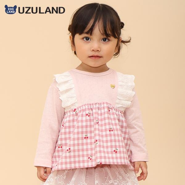 ロンT 長袖 Tシャツ 重ね着風 チェック フリル 女の子 ガールズ UZULAND ウズランド キッズ ベビー服 ジュニア プルオーバー トップス クルーネック ガーリー