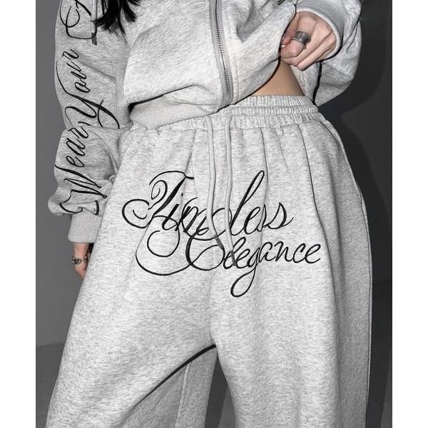 ZOZO問い合わせ番号:101482315ショップ:me+em select，ミームセレクトブランド:me+em select，ミームセレクト商品名:【 ２color 】フロントレタリングロゴ刺繍ワイドスウェットパンツ ／ front le...