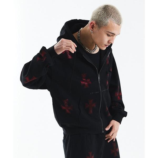 パーカー ジップフーディ｜Black x Red Cross Rhinestone Zip Hoodie｜Unknown London