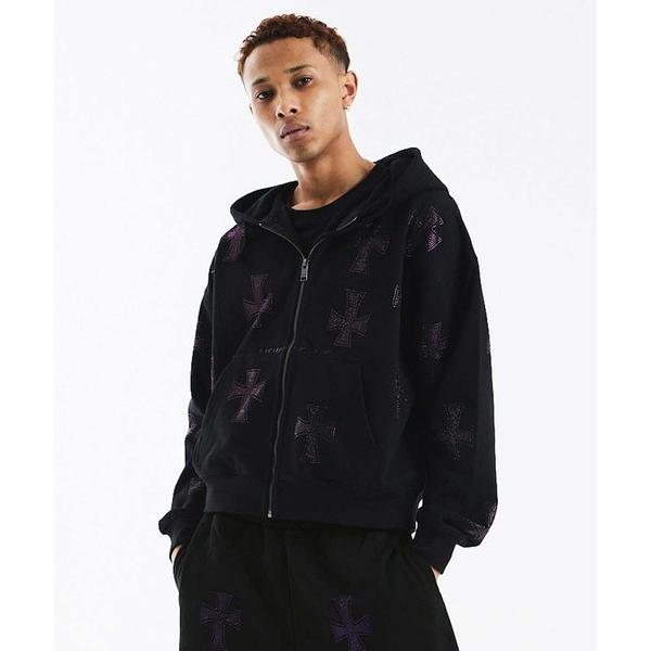 パーカー ジップフーディ｜Black x Purple Cross Rhinestone Zip Hoodie｜Unknown London