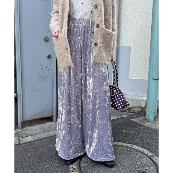 パンツ ラインストーンフラワー刺?ベロアワイドパンツ レディース
