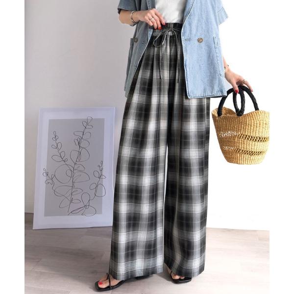 ワイドパンツ パンツ 「全骨格/体型拾わず美脚見え」リラクシーなニュアンスたっぷり！オンブレチェック柄ワイドイージーパンツ レディース