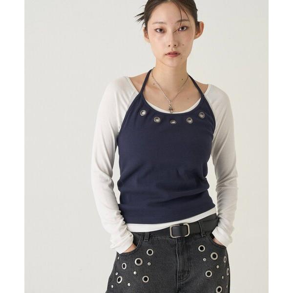 tシャツ アイレットホルターレイヤードトップス(無地/ボーダー/ドット) レディース