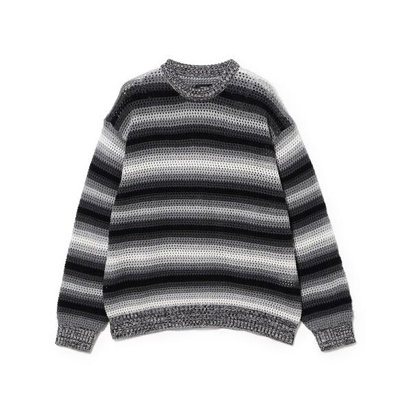 セーター ニット グラデーションボーダー メッシュ クルーネック「ワイドフィット」 メンズ