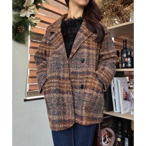 ピーコート pコート チェック柄 ワイドシルエット ルーズシルエット 裏キルティング ピーコート ミドル丈コート レディース