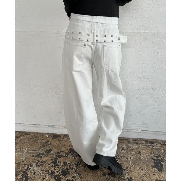 ワイドパンツ パンツ スタッズベルトカーブパンツ レディース