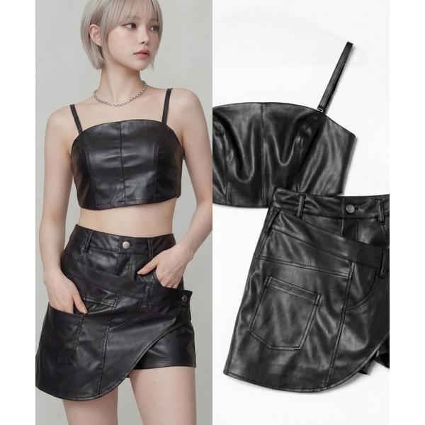 パンツ ビスチェ+2WAYフェイクレザーショートパンツ レディース